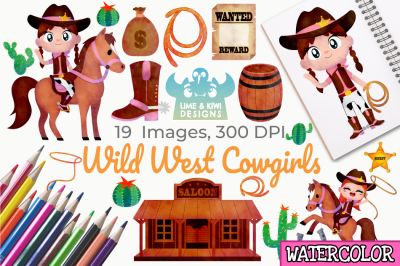 Wild West Cowgirls Watercolor Clipart, Instant Download