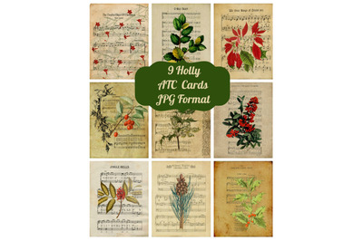 9 Vintage Holly Ephemera ATC Cards and Collage Sheet Art Images, Comme
