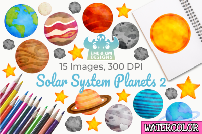 Solar System Planets 2 Watercolor Clipart, Instant Download