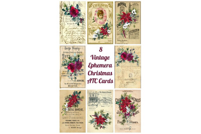 8 Vintage Christmas Ephemera ATC Cards Art Images, Commercial Use