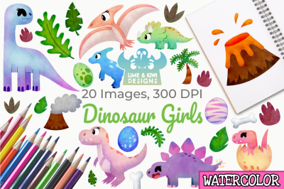 Dinosaur Girls Watercolor Clipart, Instant Download