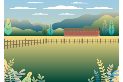 Hills, mountains and farm countryside landscape illustration
