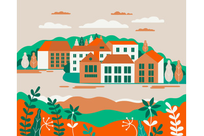 Village landscape flat vector illustration