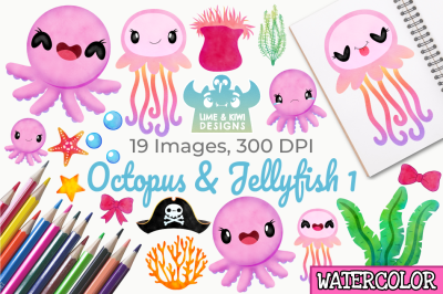Octopus &amp; Jellyfish 1 Watercolor Clipart, Instant Download