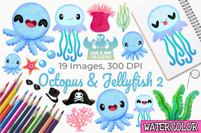 Octopus &amp; Jellyfish 2 Watercolor Clipart, Instant Download