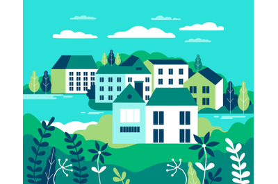 Village landscape flat vector illustration