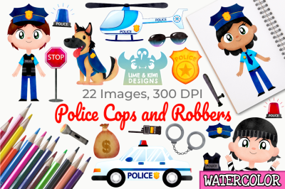 Police Cops and Robbers Watercolor Clipart, Instant Download