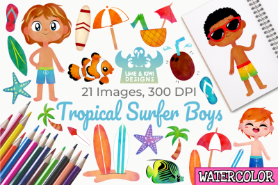 Tropical Surfer Boys Watercolor Clipart, Instant Download