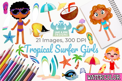 Tropical Surfer Girls Watercolor Clipart, Instant Download