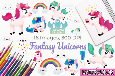 Fantasy Unicorns Watercolor Clipart&2C; Instant Download