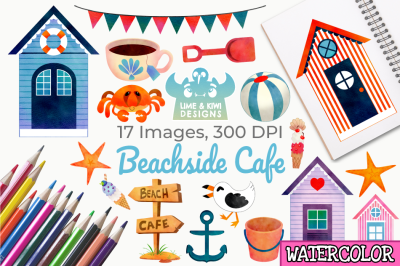 Beachside Cafe Watercolor Clipart, Instant Download