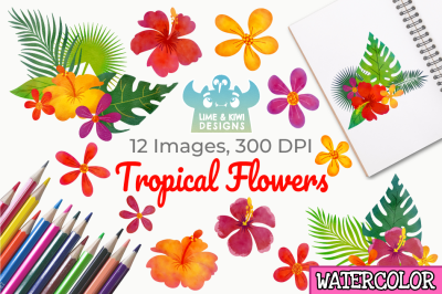 Tropical Flowers Watercolor Clipart, Instant Download