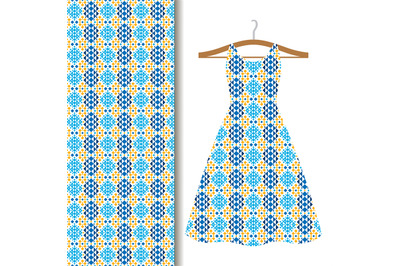 Dress fabric with blue geometric mosaic