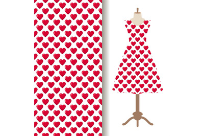 Dress fabric with red hearts pattern