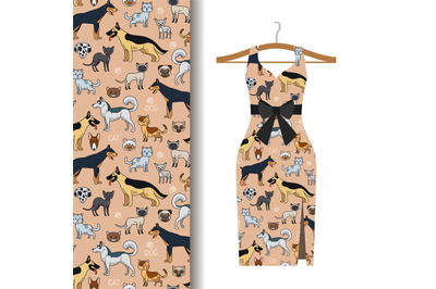 Dress fabric with dogs and cats