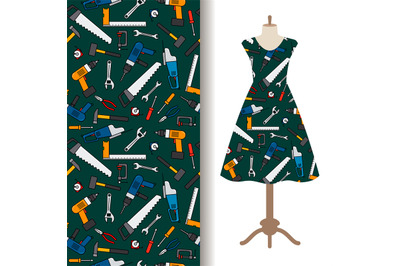 Dress fabric pattern with construction tools