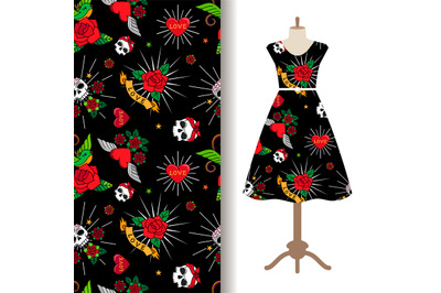 Dress fabric pattern with funny tattoo