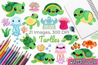 Turtles Watercolor Clipart, Instant Download Vector Art