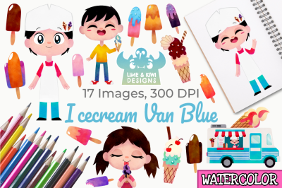 Icecream Van Blue Watercolor Clipart, Instant Download