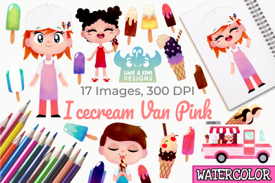 Icecream Van Pink Watercolor Clipart, Instant Download