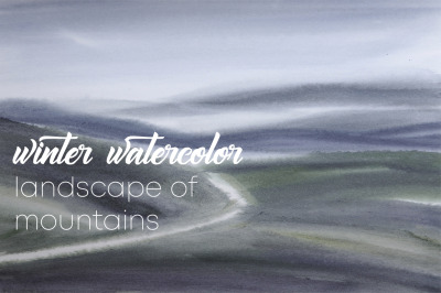 winter watercolor landscape of mountains