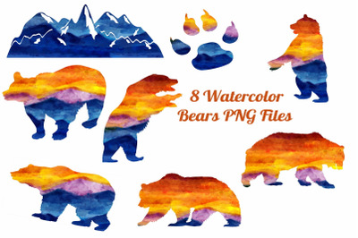 Watercolor Bears and Mountain Silhouettes. 8 Transparent PNG Files