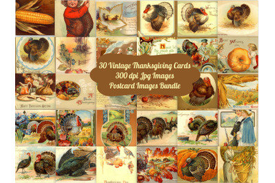 30 Vintage Thanksgiving Card Bundle Art Images, Commercial Use