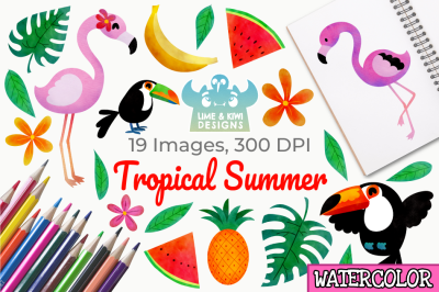 Tropical Summer Watercolor Clipart, Instant Download