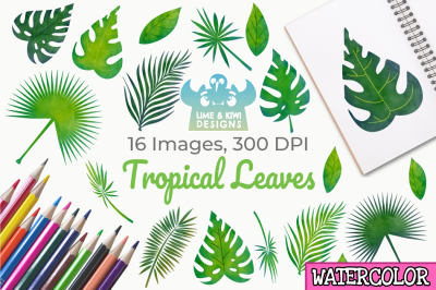 Tropical Leaves Watercolor Clipart, Instant Download