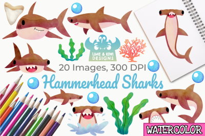 Hammerhead Sharks Watercolor Clipart, Instant Download