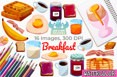 Breakfast Watercolor Clipart, Instant Download Vector Art