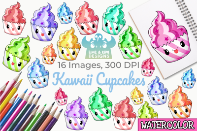 Kawaii Cupcakes Watercolor Clipart, Instant Download