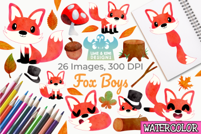 Fox Boys Watercolor Clipart, Instant Download Vector Art