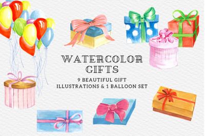 Christmas Gifts Illustrations, Watercolor Gift Boxes Presents