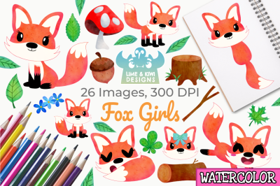 Fox Girls Watercolor Clipart, Instant Download Vector Art