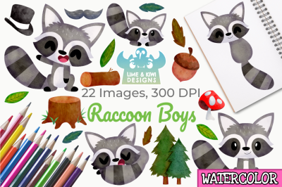 Raccoon Boys Watercolor Clipart, Instant Download Vector Art