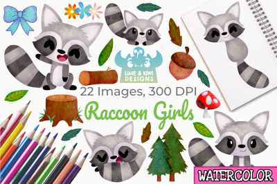 Raccoon Girls Watercolor Clipart, Instant Download
