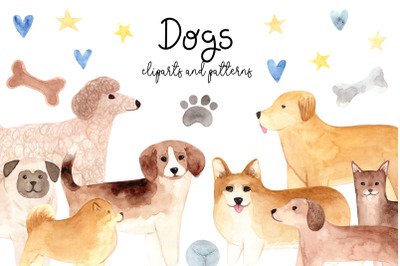 Watercolor Cute Dogs. Patterns and Cliparts