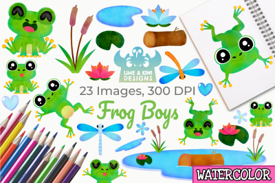 Frog Boys Watercolor Clipart, Instant Download Vector Art