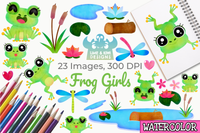 Frog Girls Watercolor Clipart, Instant Download Vector Art