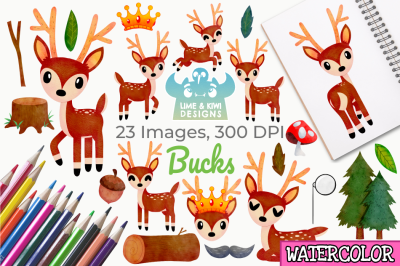 Bucks Watercolor Clipart, Instant Download Vector Art