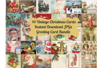 44 Vintage Christmas Card Bundle Art Images, Commercial Use