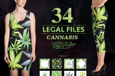 Cannabis watercolor PNG flower green &nbsp;set