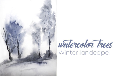 watercolor trees. Winter landscape