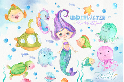 Mermaid and Underwater friends PNG watercolor clipart pack