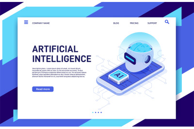 Isometric mobile artificial intelligence. AI smartphone, digital brain