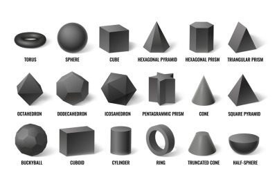 Realistic 3d basic shapes. Sphere shape with shadow, cube geometry and