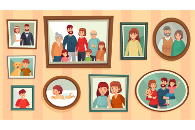 Cartoon family photo frames. Happy people portraits in wall picture fr