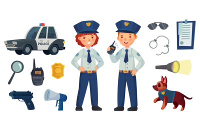 Cartoon police kids. Little boy and girl in patrol suits, police car a