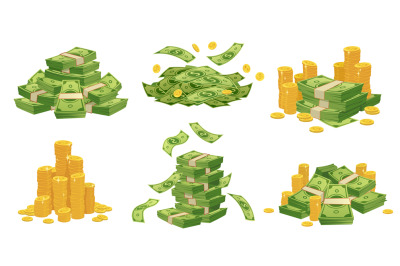 Cartoon money and coins. Green dollar banknotes pile, golden coin and